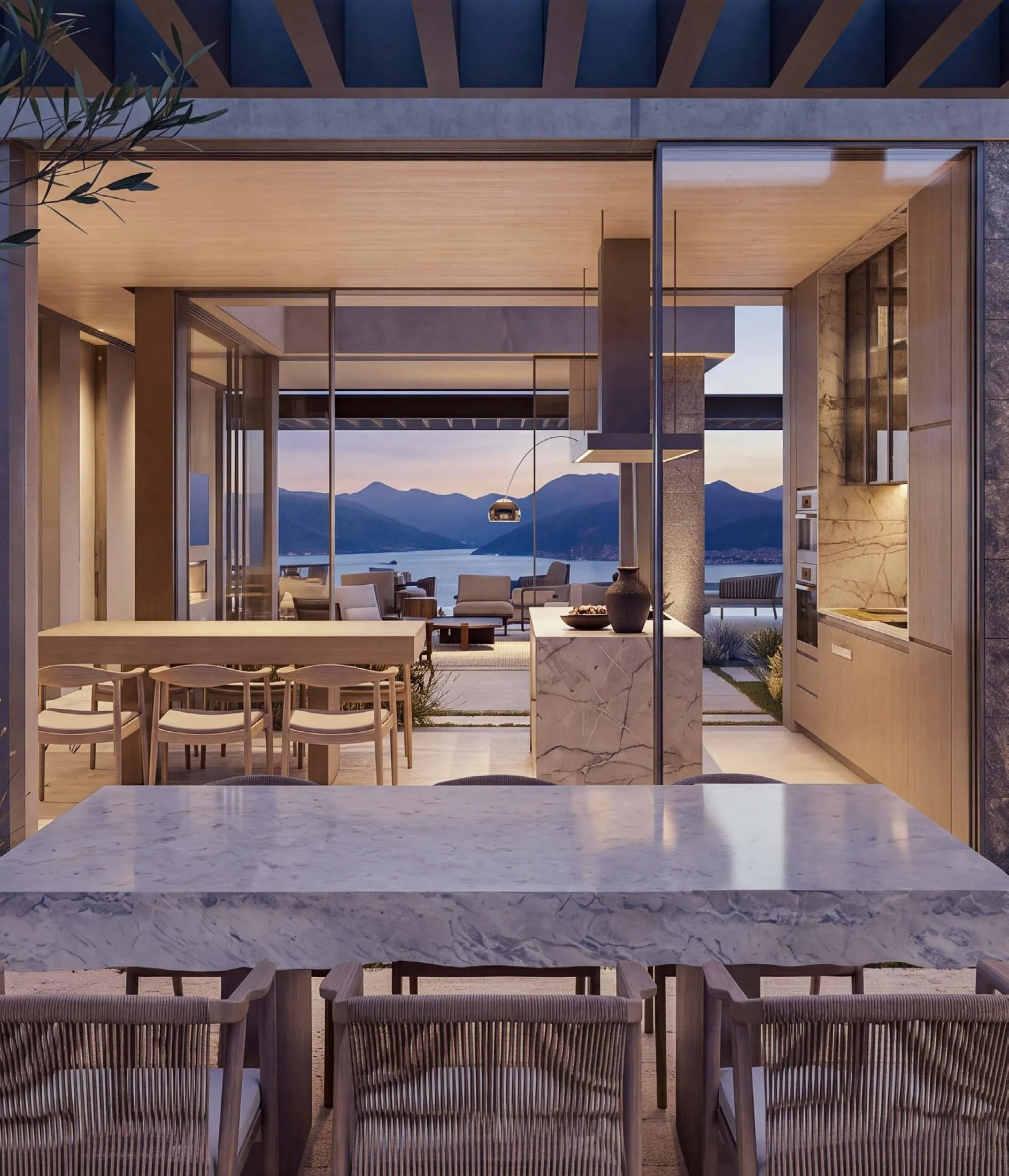 SAOTA villa courtyard opening through the home towards Boka Bay